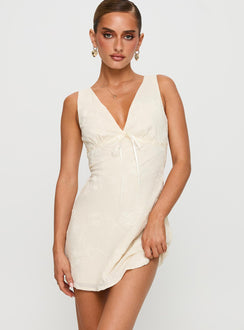 back view of model wearing Princess Polly Faithfully Embroidered Mini Dress Beige Plunger 