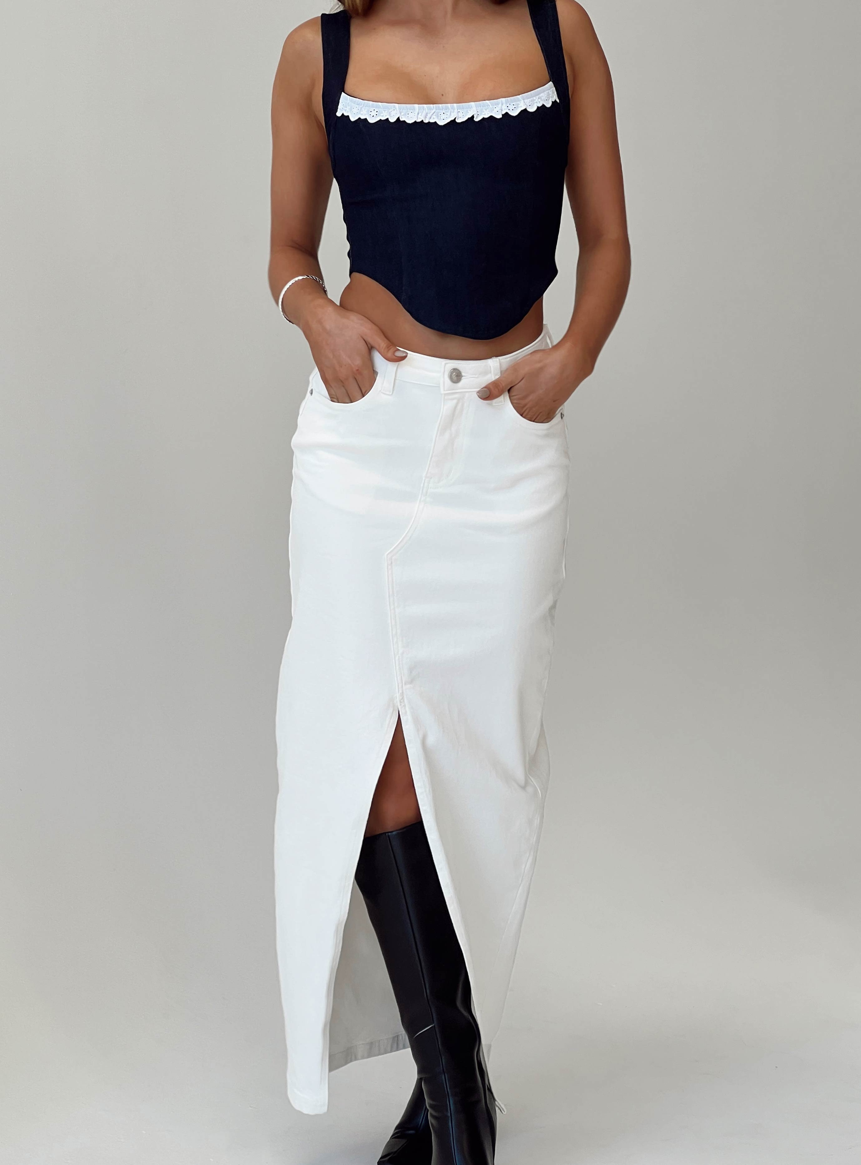 Knee length white top denim skirt uk