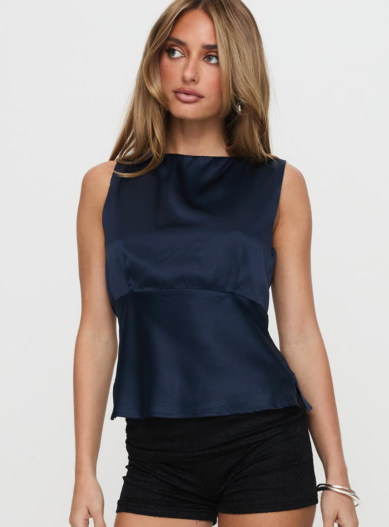 front view of model wearing Princess Polly Jaide Top Navy Sleeveless High Neck 