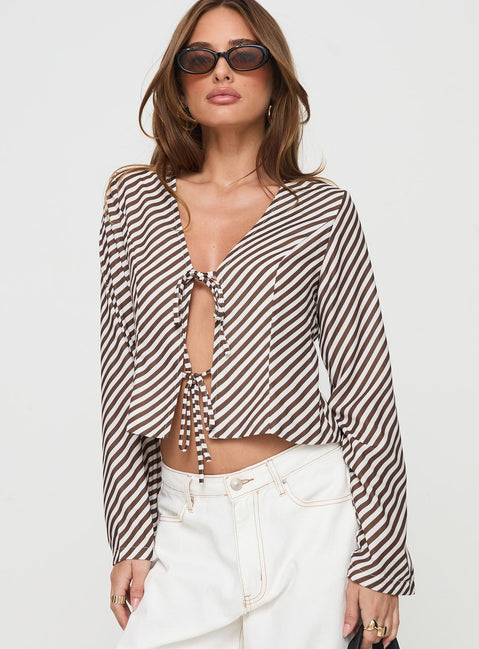 front view of model wearing Princess Polly Maxette Long Sleeve Tie Top Brown Stripe Full Sleeves V-Neck 