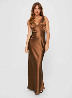 front view of model wearing Princess Polly Galloway Maxi Dress Brown Plunger 