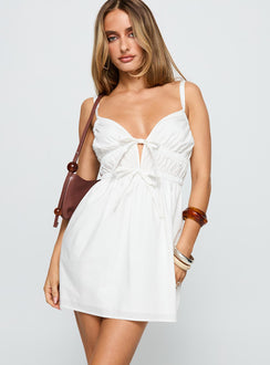 side view of model wearing Princess Polly Viviette Ruched Mini Dress White Plunger 