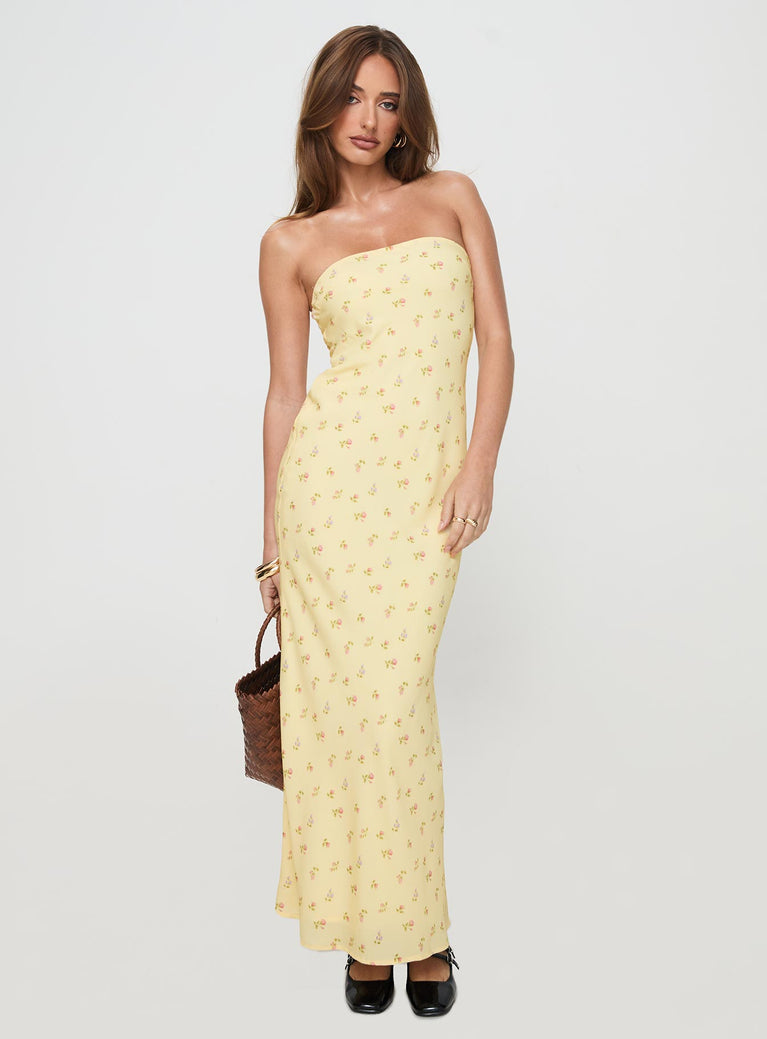 side view of model wearing Princess Polly Brydie Strapless Maxi Dress Yellow Floral Straight Neck 