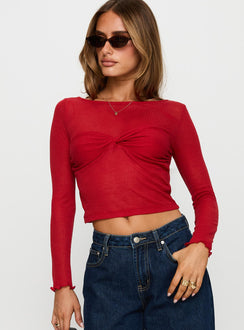 front view of model wearing Princess Polly November Long Sleeve Top Red Full Sleeves Boat Neck 