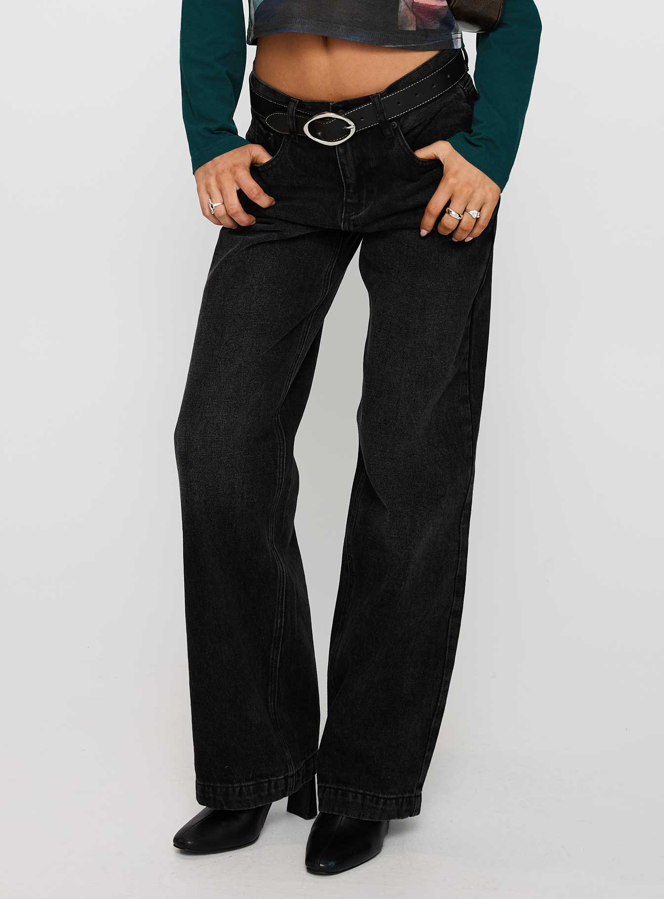 front view of model wearing Princess Polly Anelli Low Rise Straight Leg Jeans Washed Black Low Rise Jeans 