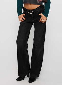 front view of model wearing Princess Polly Anelli Low Rise Straight Leg Jeans Washed Black Low Rise Jeans 