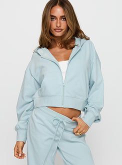 front view of model wearing Princess Polly Revive Zip Through Hoodie Blue cropped 