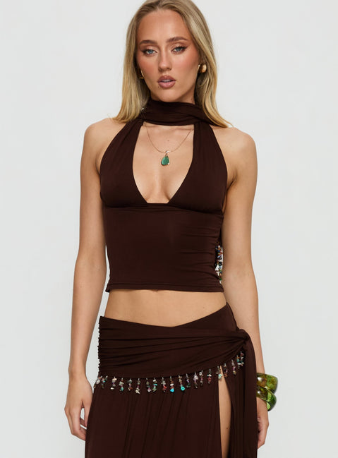Spirita Beaded Halter Top Brown