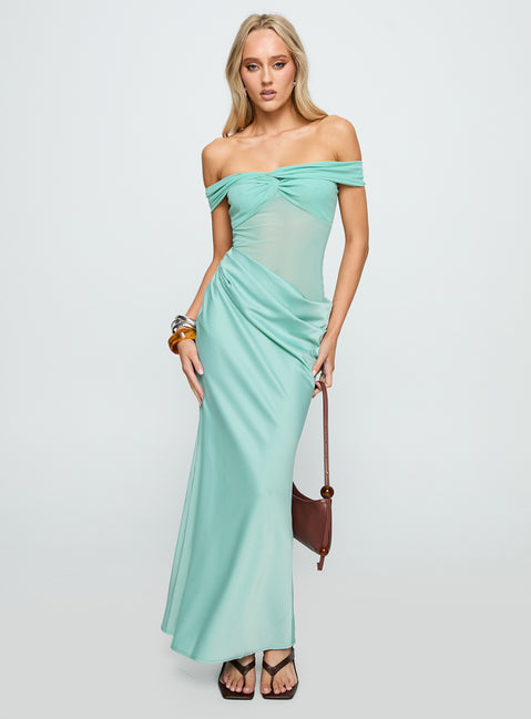 side view of model wearing Princess Polly Only Exception Off The Shoulder Maxi Dress Aqua Straight Neck 