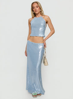   front view of model wearing Princess Polly Emalia Sheer Sequin Maxi Skirt Blue 