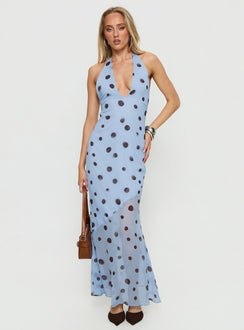 Oralee Halter Sheer Maxi Dress Blue / Polka Dot