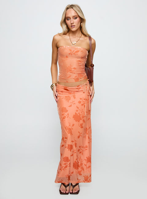   side view of model wearing Princess Polly Mikah Maxi Skirt Orange Maxi 