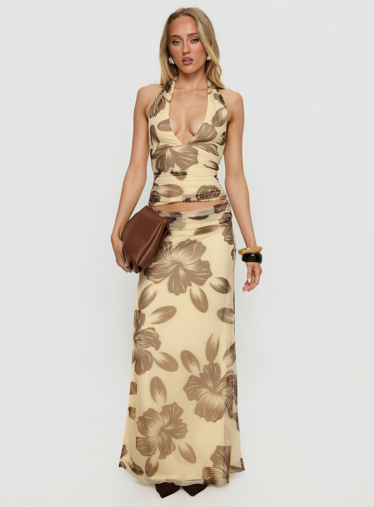 Roselin Mesh Maxi Skirt Brown Floral | Princess Polly