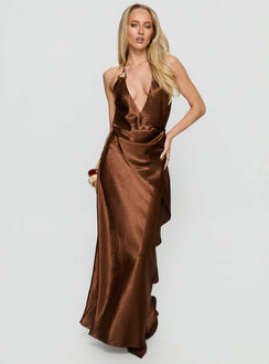 Annissa Plunge Halter Maxi Dress Dark Brown