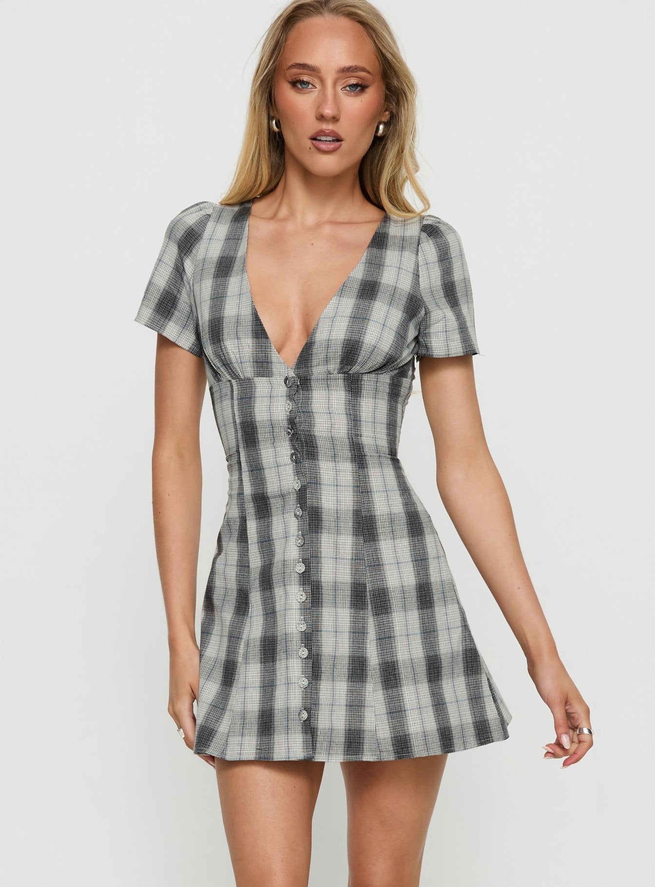 Twist Of Fate V Neck Mini Dress Navy Plaid