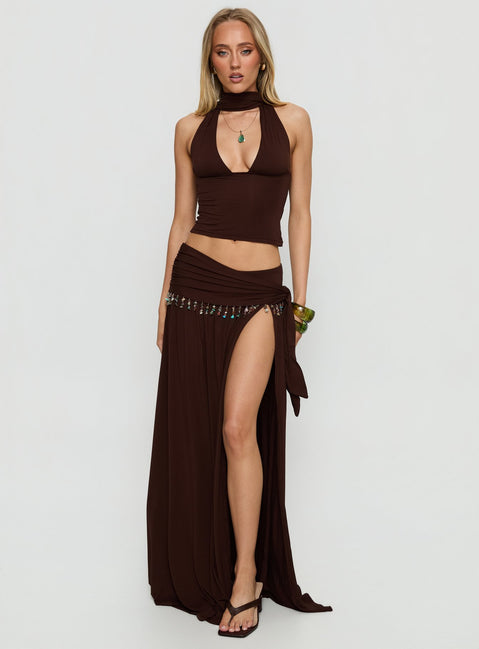   front view of model wearing Princess Polly Spirita Beaded Sarong Maxi Skirt Brown Maxi Skirts 