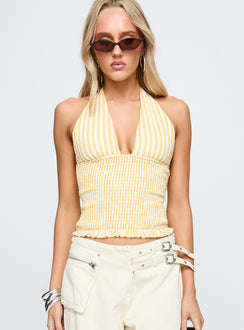 front view of model wearing Princess Polly Averin Shirred Halter Top Lemon Stripe Sleeveless Plunger 