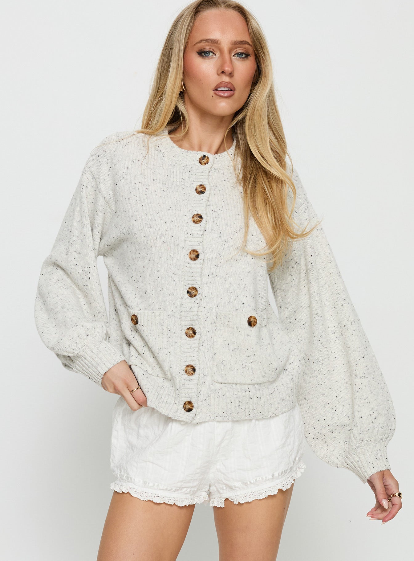 front view of model wearing Princess Polly Dorah Boxy Cardigan Grey Cropped Jumpers 