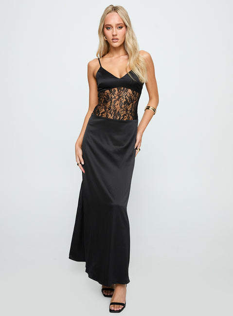 front view of model wearing Princess Polly Captivate Lace Maxi Dress Black V-Neck 