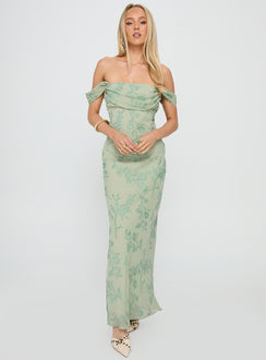 Azura Off The Shoulder Maxi Dress Green Burnout