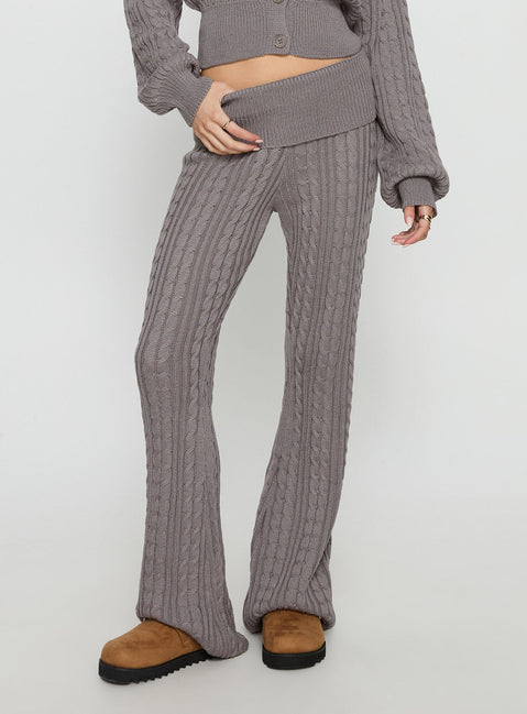 front view of model wearing Princess Polly Baleigh Cable Knit Foldover Pants Grey Mid Rise Pants 