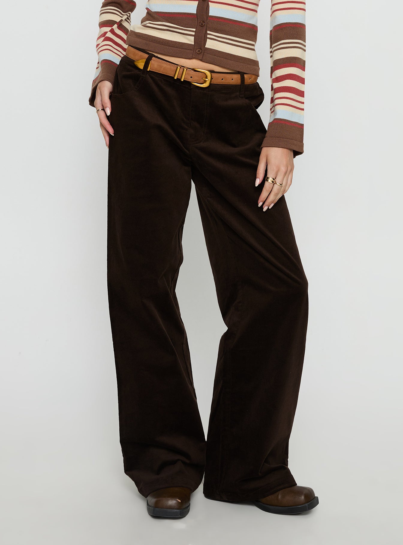 side view of model wearing Princess Polly Kenza Wide Leg Corduroy Pant Brown Mid Rise Pants 
