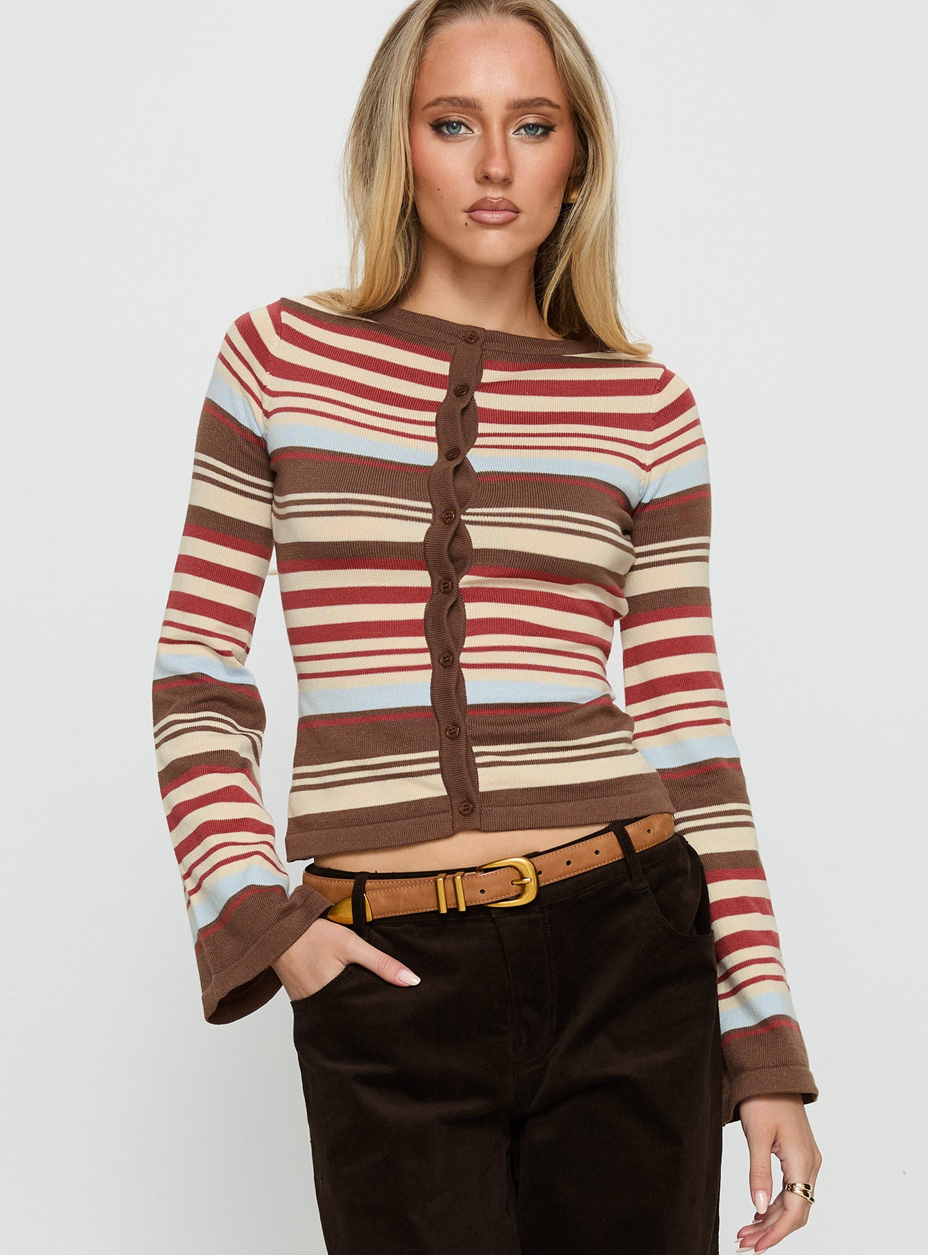 front view of model wearing Princess Polly Milda Knit Cardigan Multi Stripe 