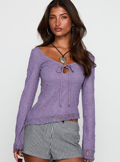 front view of model wearing Princess Polly Hyacinthe Long Sleeve Top Lilac Full Sleeves Scoop Neck 