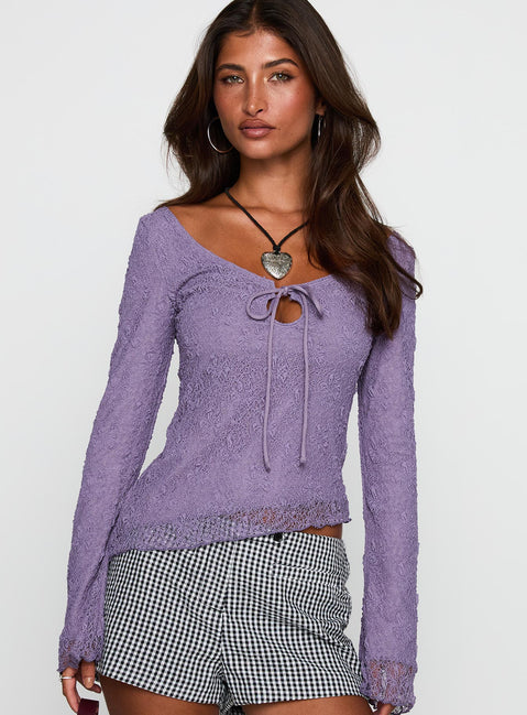 front view of model wearing Princess Polly Hyacinthe Long Sleeve Top Lilac Full Sleeves Scoop Neck 