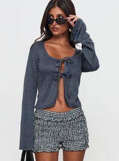 front view of model wearing Princess Polly Rowynne Long Sleeve Tie Up Top Slate Grey Full Sleeves Scoop Neck 