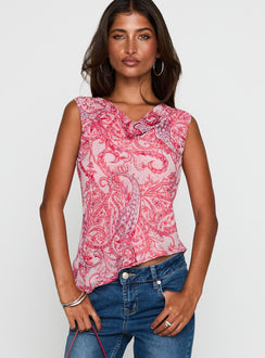 front view of model wearing Princess Polly Blame The Rain Cowl Neck Top Pink Paisley Sleeveless Cowl 