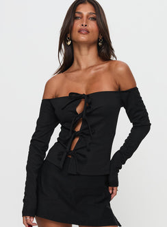 front view of model wearing Princess Polly Wish You The Best Off Shoulder Bow Detail Top Black Sleeveless straight 