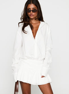 front view of model wearing Princess Polly Girls Girls Girls Mini Dress White V-Neck 