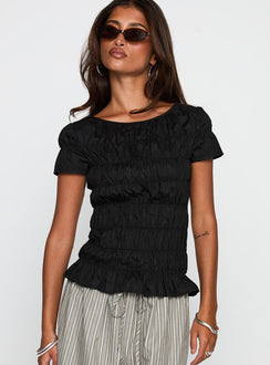 front view of model wearing Princess Polly Spoiler Alert Ruched Top Black Short Sleeves Scoop Neck 