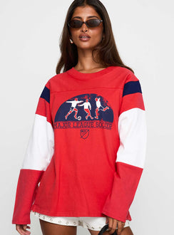 front view of model wearing Princess Polly MLS 96 Retro Long Sleeve Top Red Full Sleeves Crew Neck 