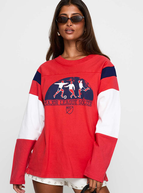 front view of model wearing Princess Polly MLS 96 Retro Long Sleeve Top Red Full Sleeves Crew Neck 