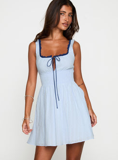 front view of model wearing Princess Polly Natilda Mini Dress Blue Square Neck 