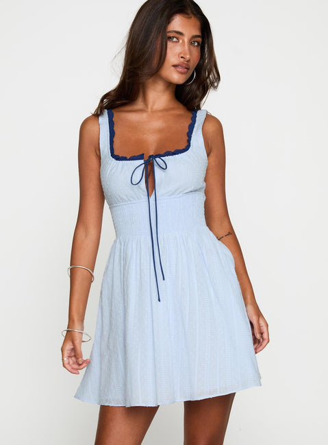 front view of model wearing Princess Polly Natilda Mini Dress Blue Square Neck 