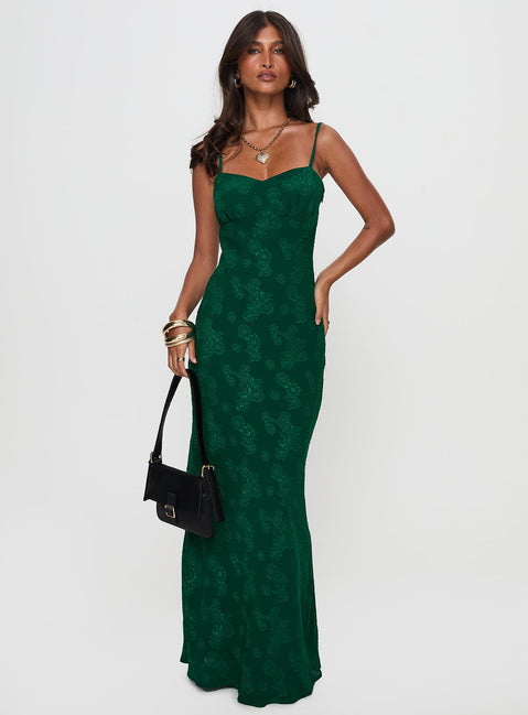 front view of model wearing Princess Polly Ginette Maxi Dress Forest Green Sweetheart Neckline 