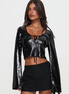 front view of model wearing Princess Polly Zenobia Long Sleeve Sequin Top Black Full Sleeves Scoop Neck 