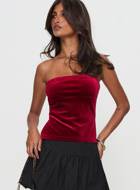 front view of model wearing Princess Polly Janece Strapless Velvet Top Red Sleeveless straight 