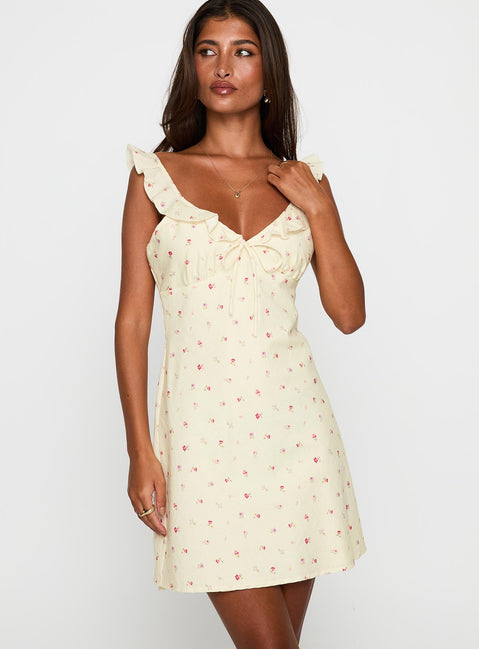 front view of model wearing Princess Polly Tattoo Kisses Frill Mini Dress Floral V-Neck 