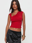 front view of model wearing Princess Polly Ander Top Red Sleeveless Asymmetric Neckline 