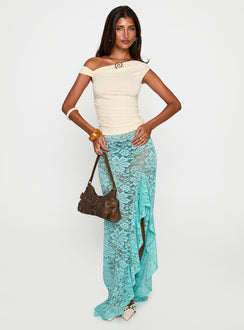   side view of model wearing Princess Polly Bluemoon Lace Maxi Skirt Blue Maxi 