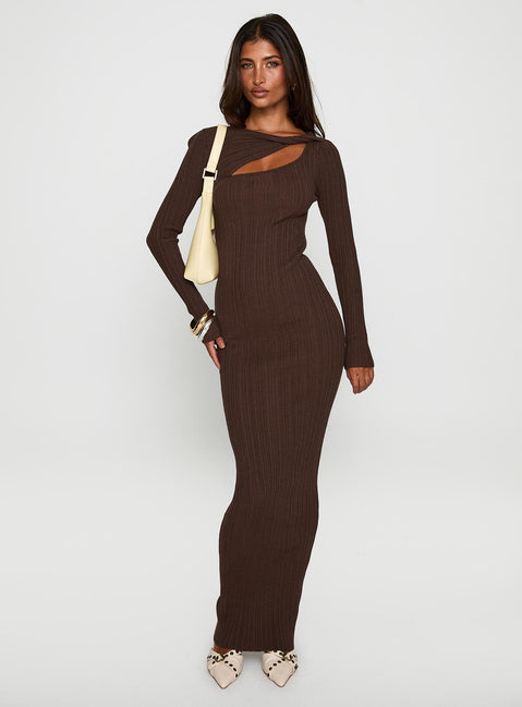 front view of model wearing Princess Polly Gyselle Long Sleeve Maxi Dress Brown Boat Neck 