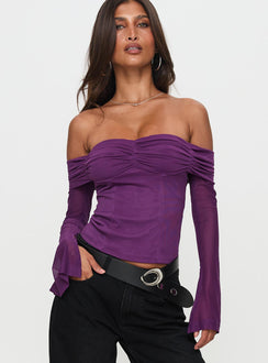 front view of model wearing Princess Polly Wisterea Off Shoulder Long Sleeve Top Plum Full Sleeves Sweetheart 