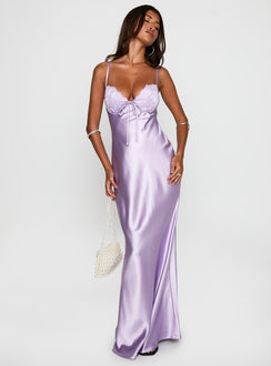 front view of model wearing Princess Polly Fadyen Bias Cut Maxi Dress Lilac Sweetheart Neckline 