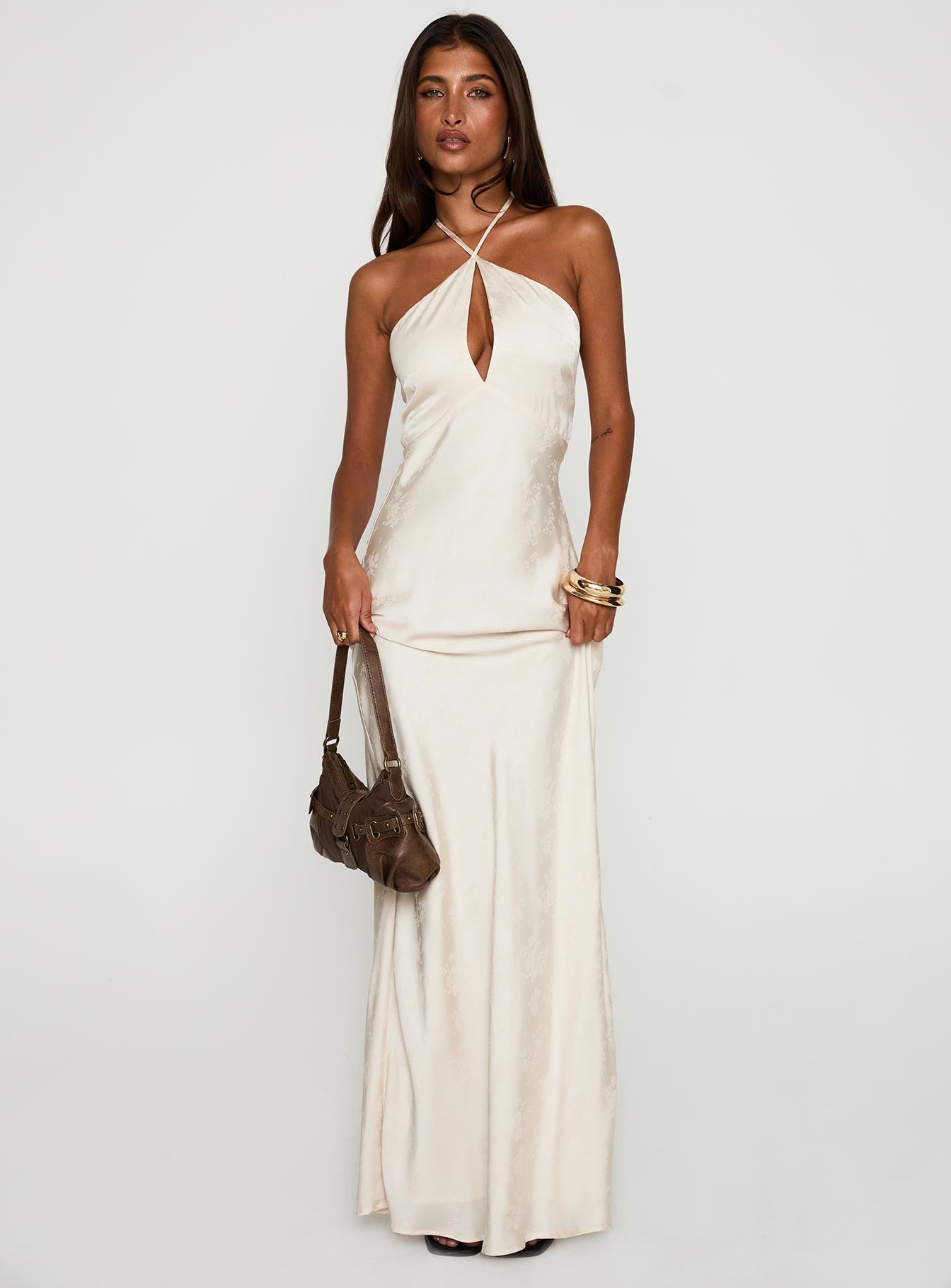 front view of model wearing Princess Polly Limosina Halter Maxi Dress Champagne Plunger 