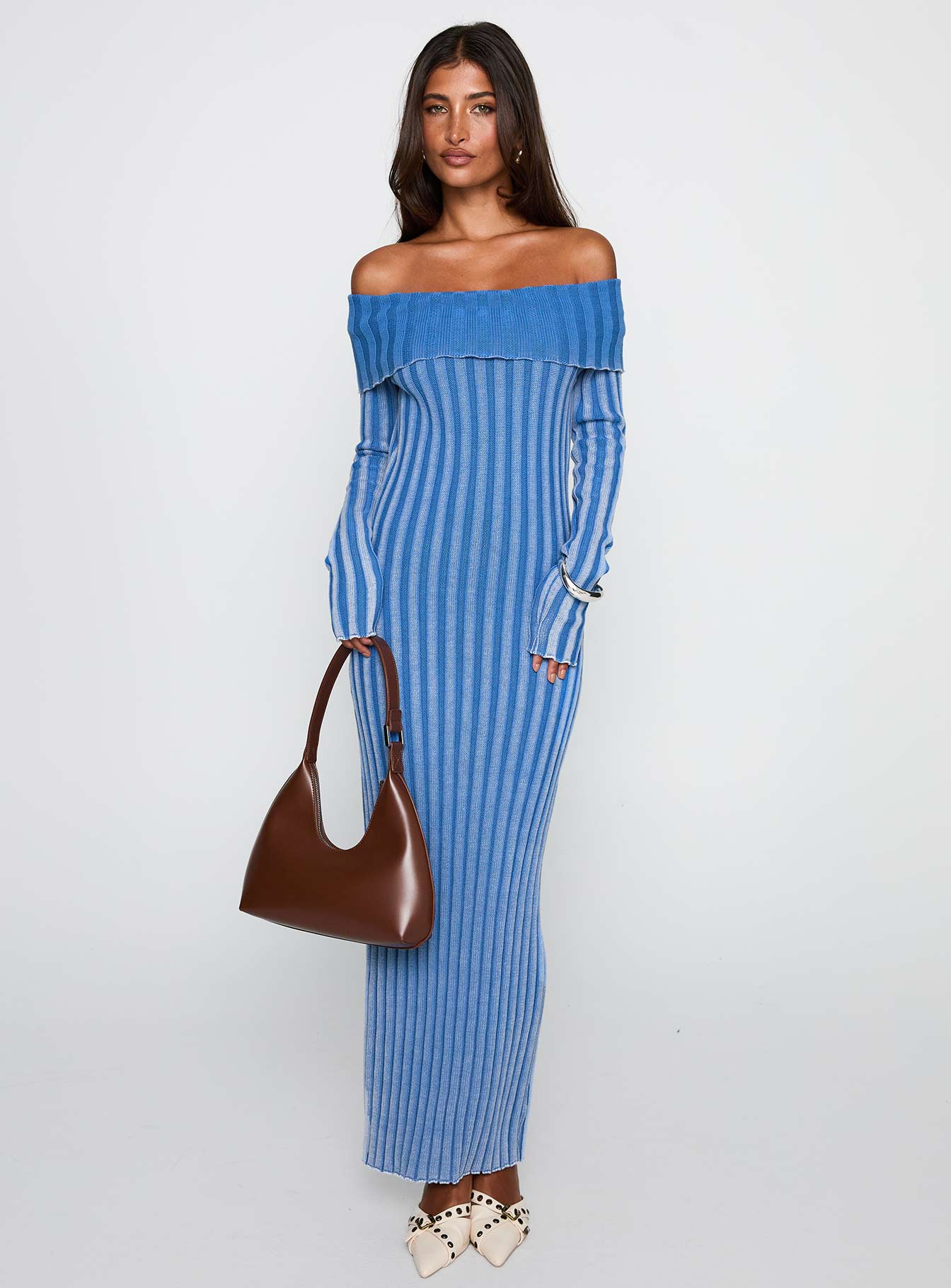 front view of model wearing Princess Polly Mariska Long Sleeve Rib Maxi Dress Blue Straight Neck 