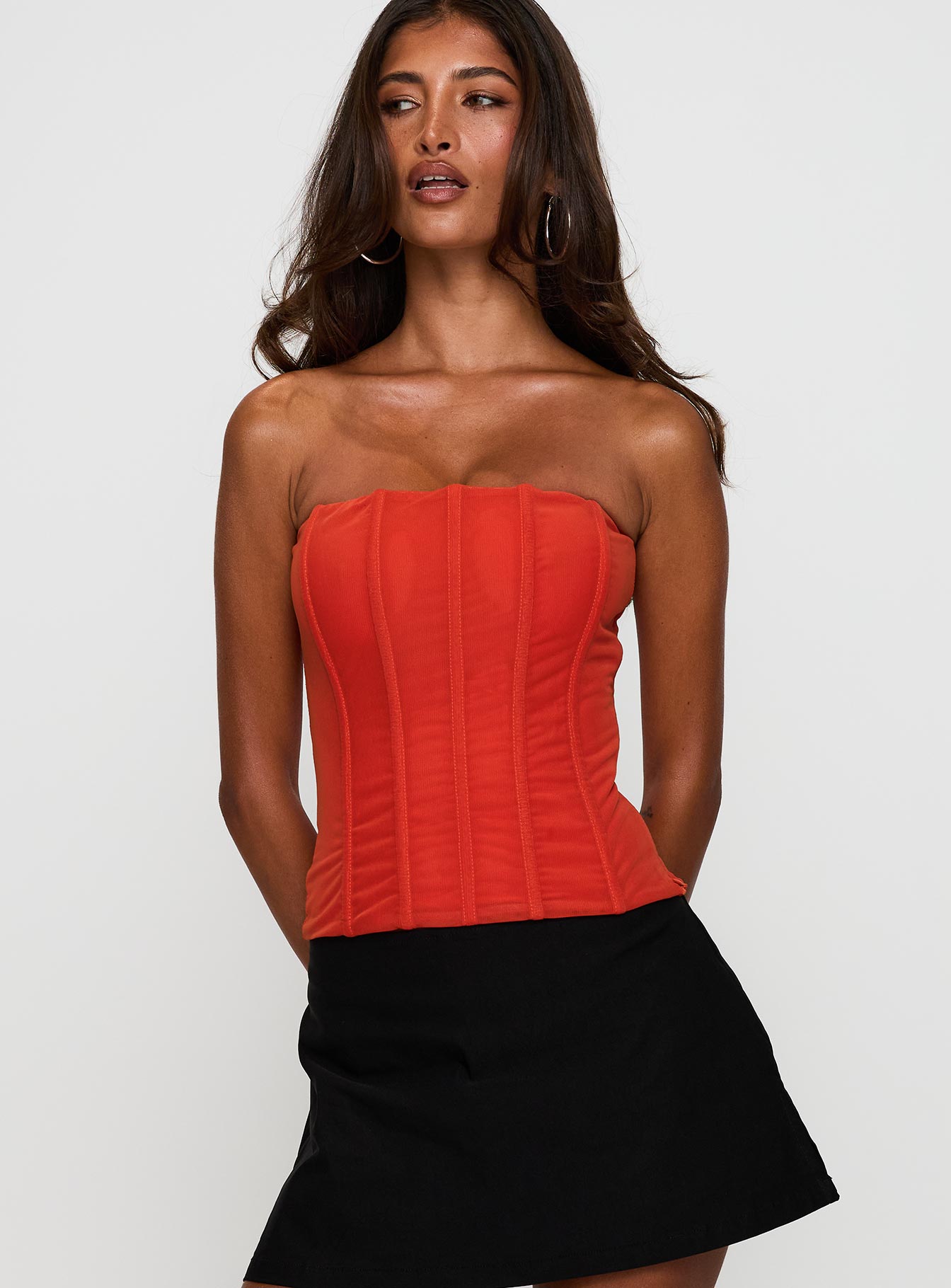 front view of model wearing Princess Polly Moneypenny Strapless Top Orange Sleeveless straight 